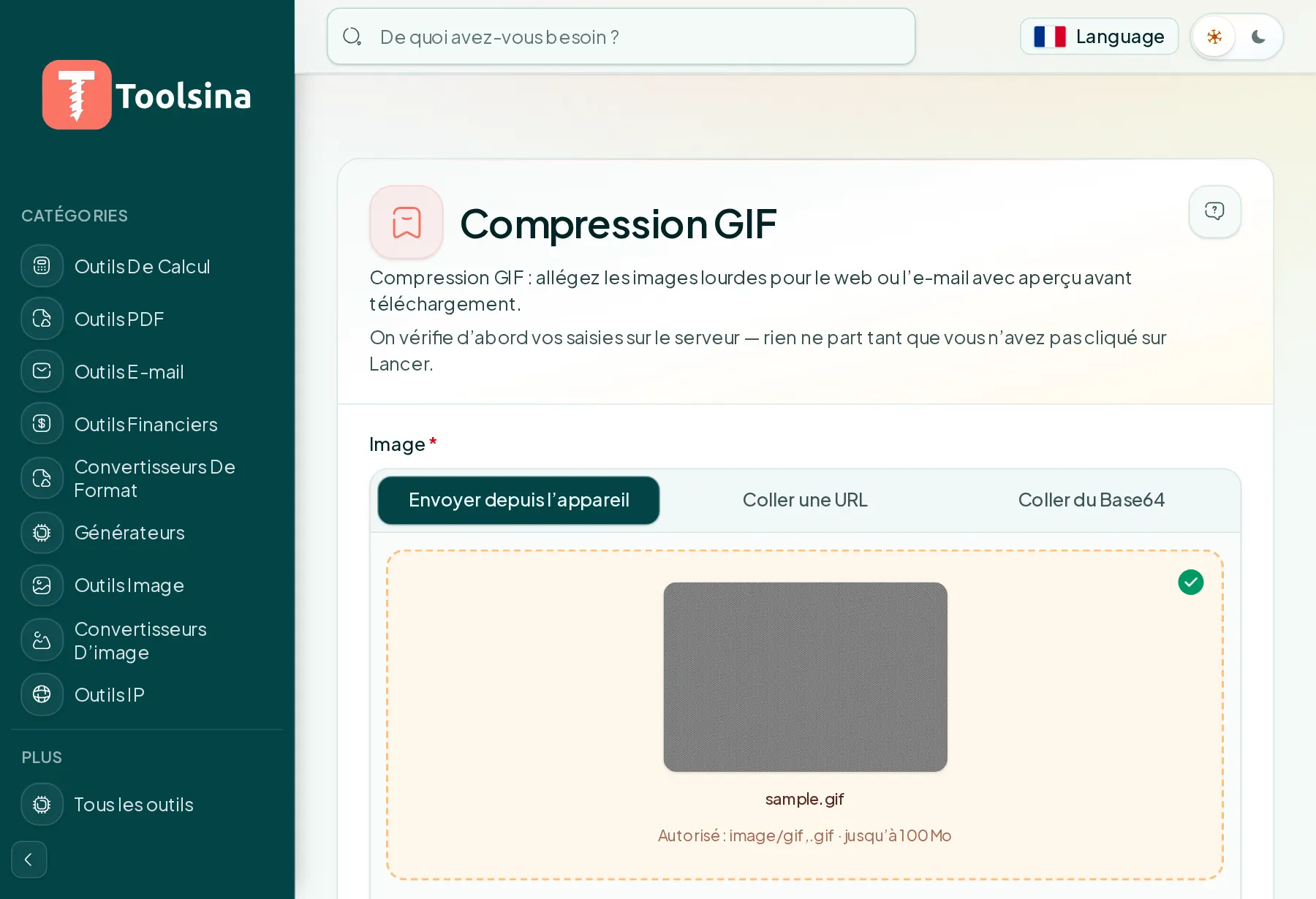 Vérifiez votre fichier et réglez les options — Comment compresser une image GIF (gratuit, en ligne)