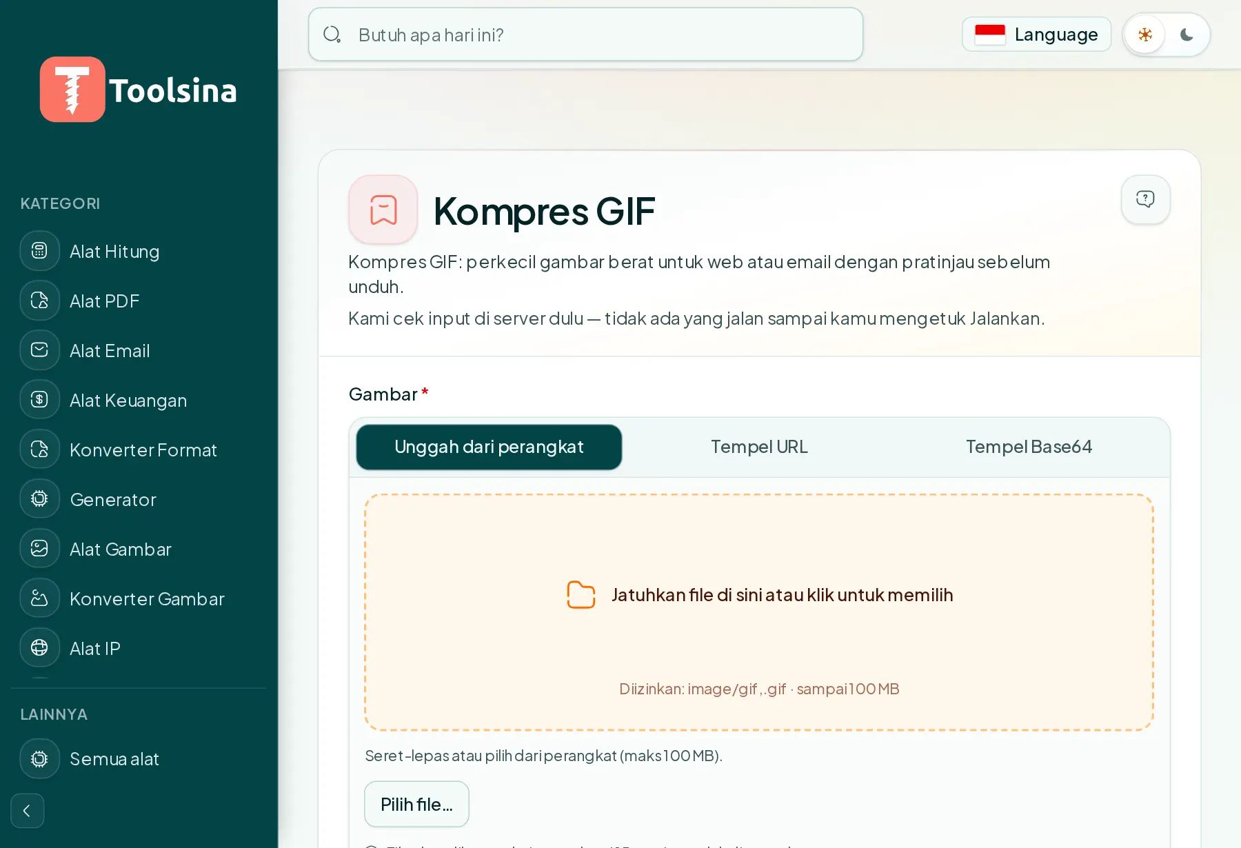 Buka alat dan unggah berkas Anda — Cara Mengompres Gambar GIF (Gratis, Online)