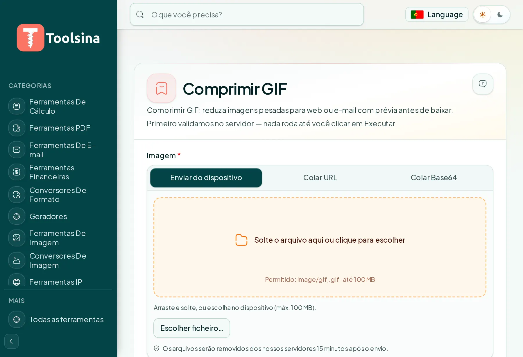 Abra a ferramenta e envie seu arquivo — Como comprimir uma imagem GIF (grátis, online)
