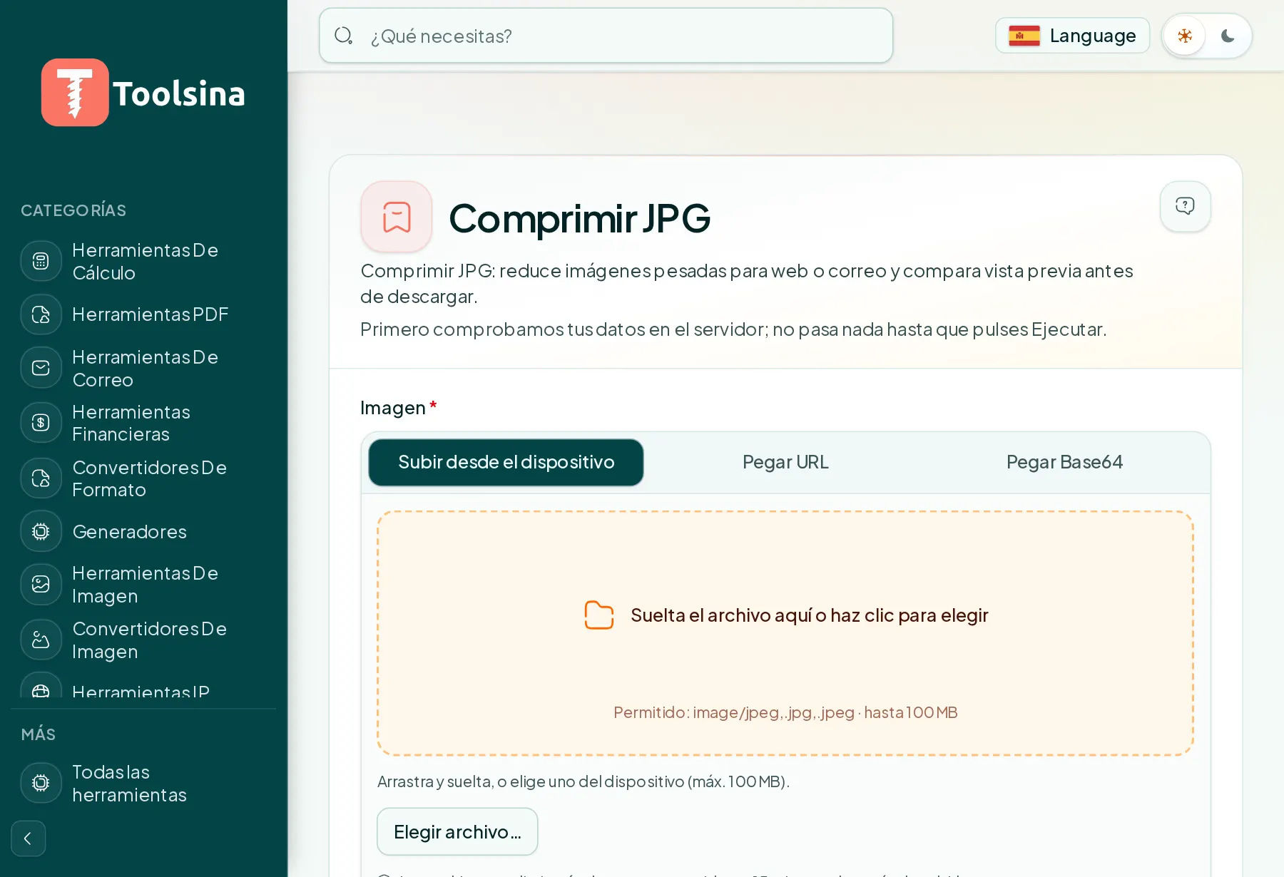 Abre la herramienta y sube tu archivo — Cómo comprimir una imagen JPG (gratis, en línea)