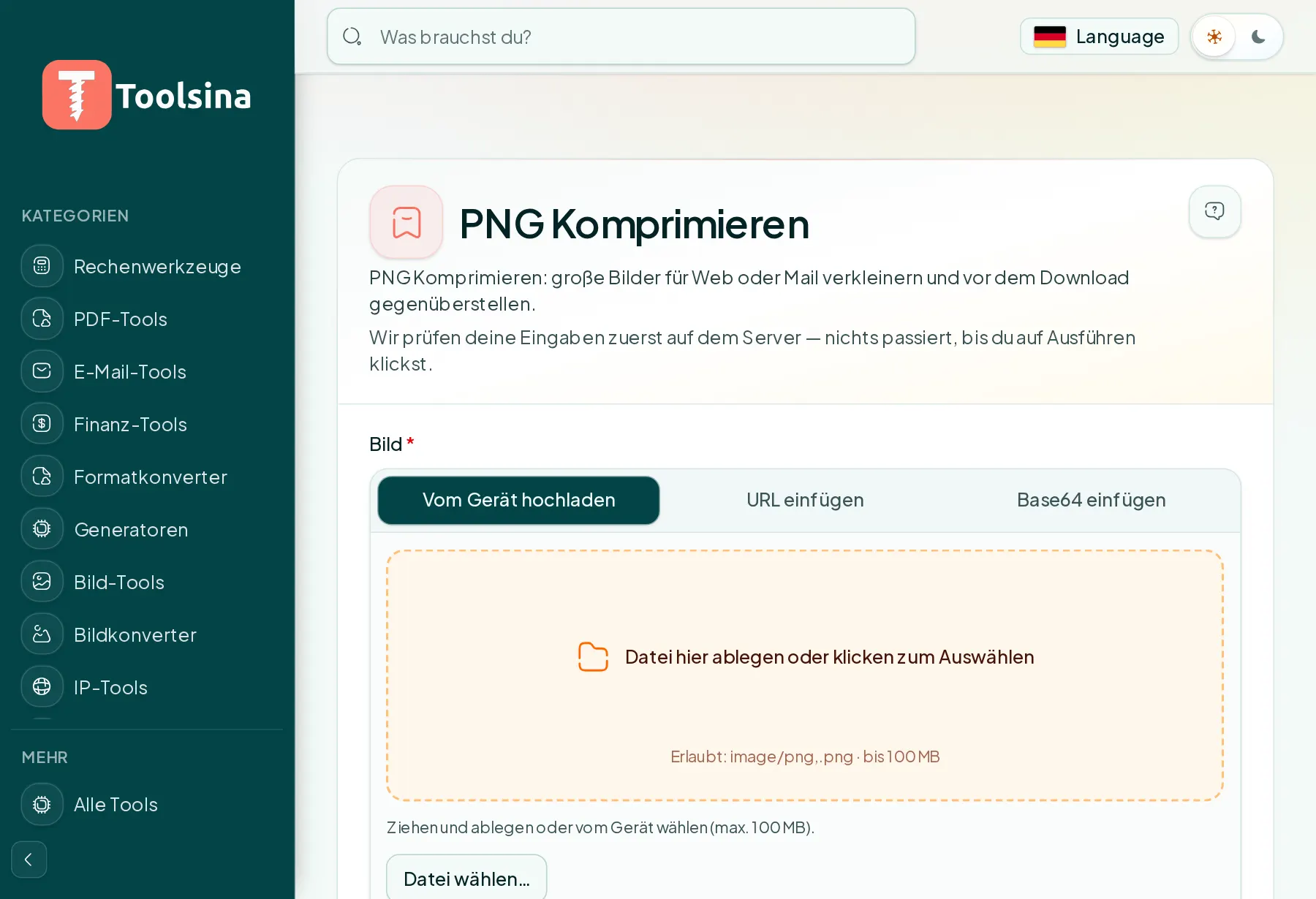Öffnen Sie das Tool und laden Sie Ihre Datei hoch — Wie man ein PNG-Bild komprimiert (kostenlos, online)