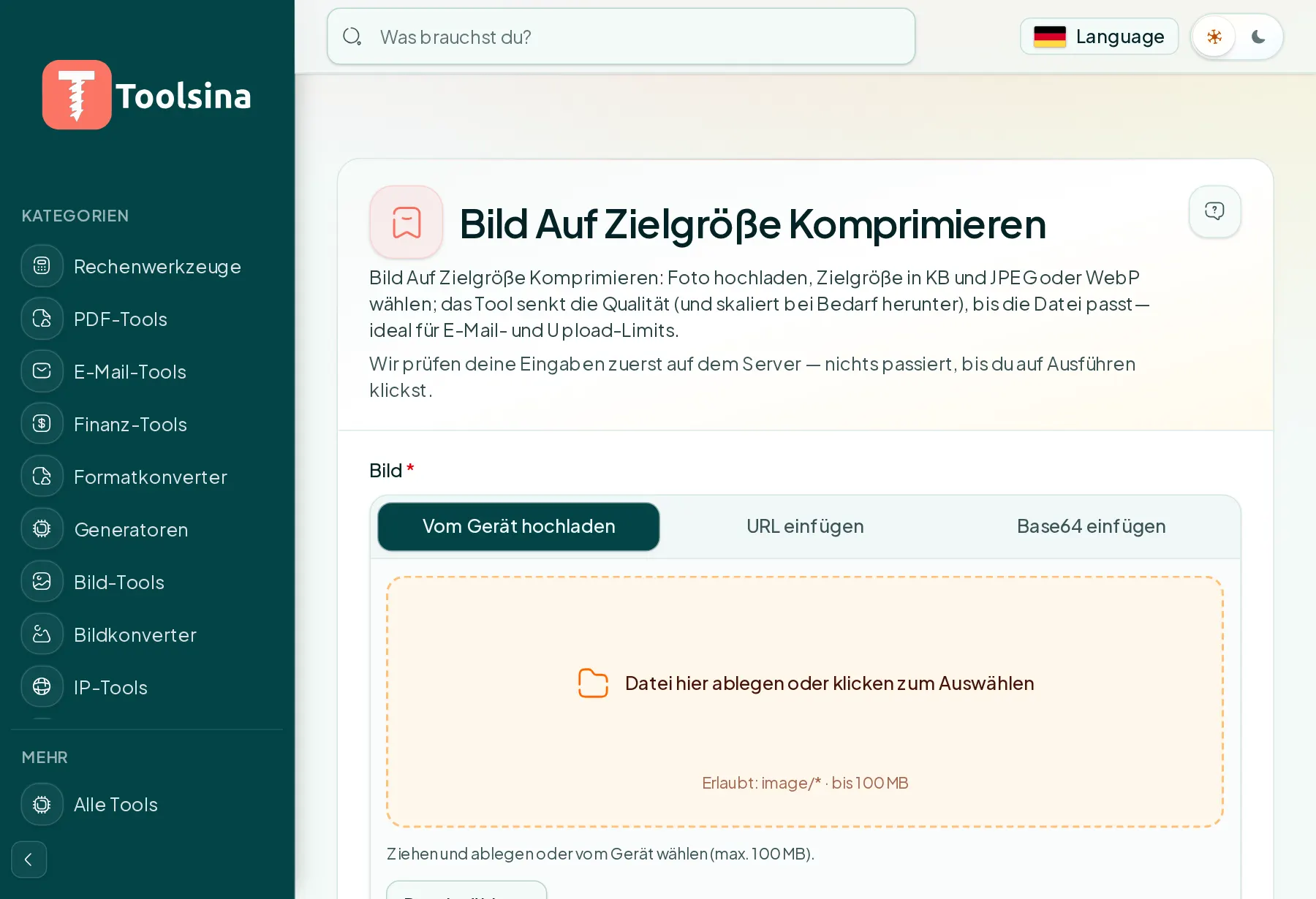 Öffnen Sie das Tool und laden Sie Ihre Datei hoch — So komprimieren Sie ein Bild auf eine Ziel-Dateigröße (KB)