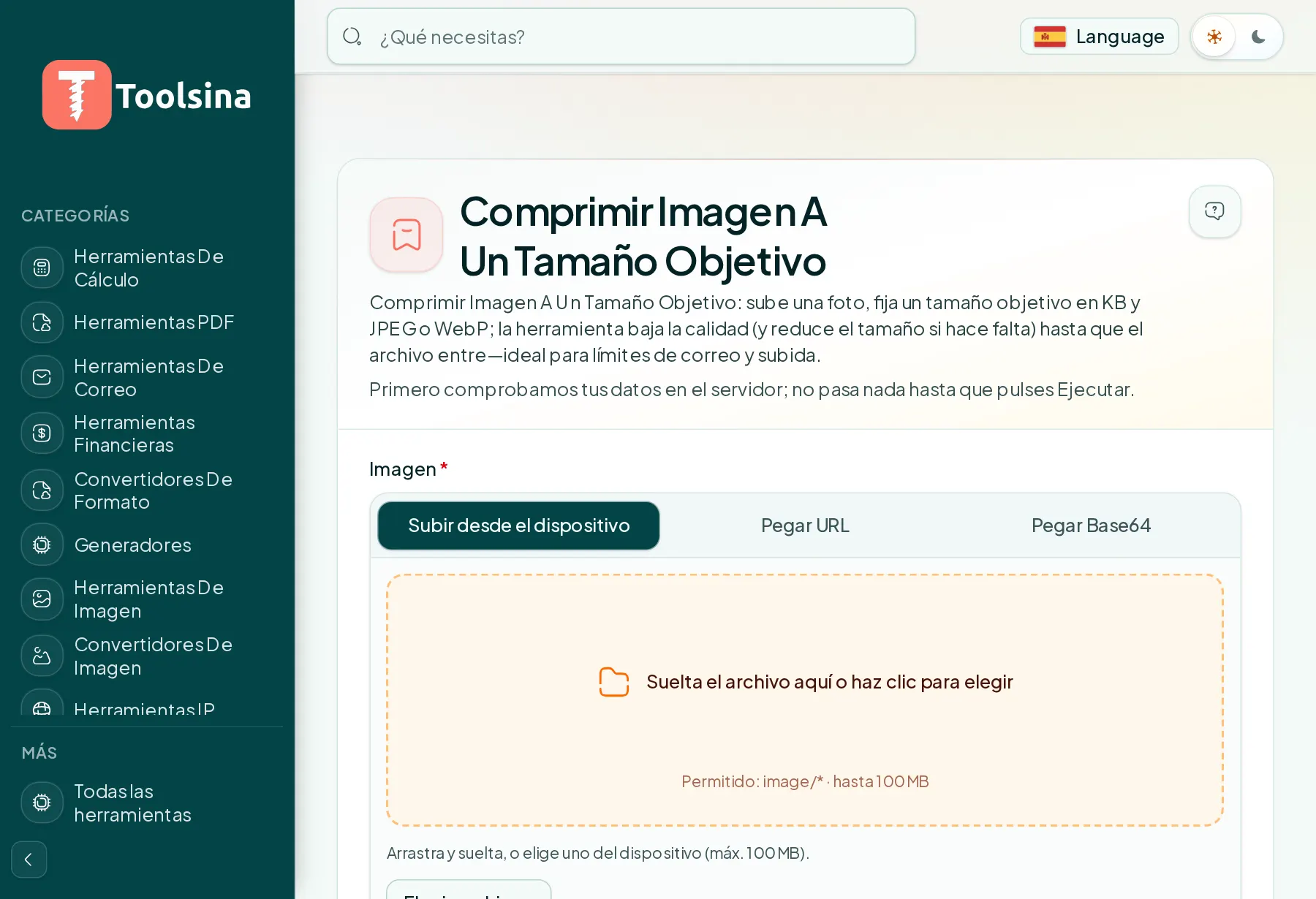 Abre la herramienta y sube tu archivo — Cómo comprimir una imagen a un tamaño de archivo objetivo (KB)