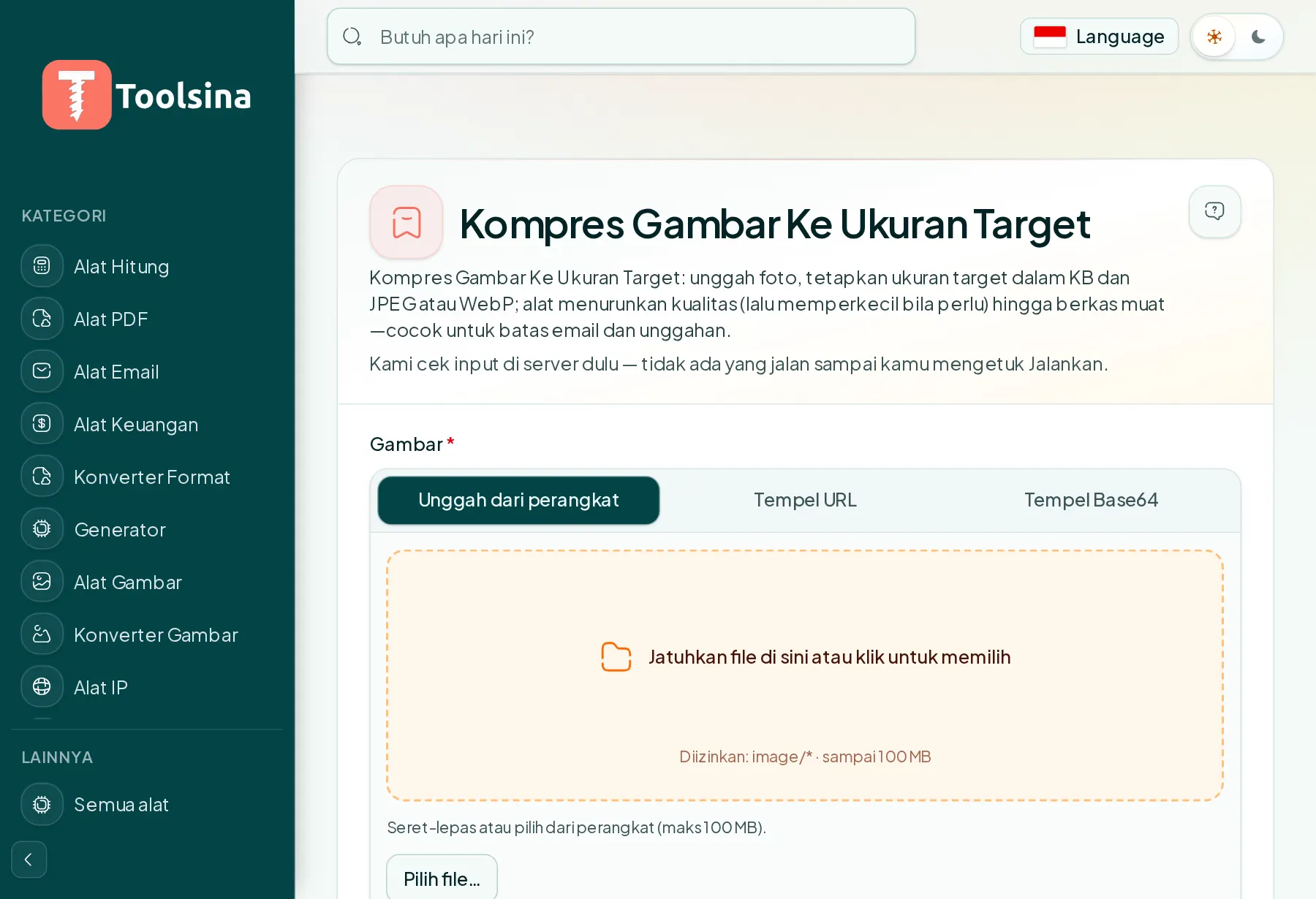 Buka alat dan unggah berkas Anda — Cara Mengompres Gambar ke Ukuran File Target (KB)