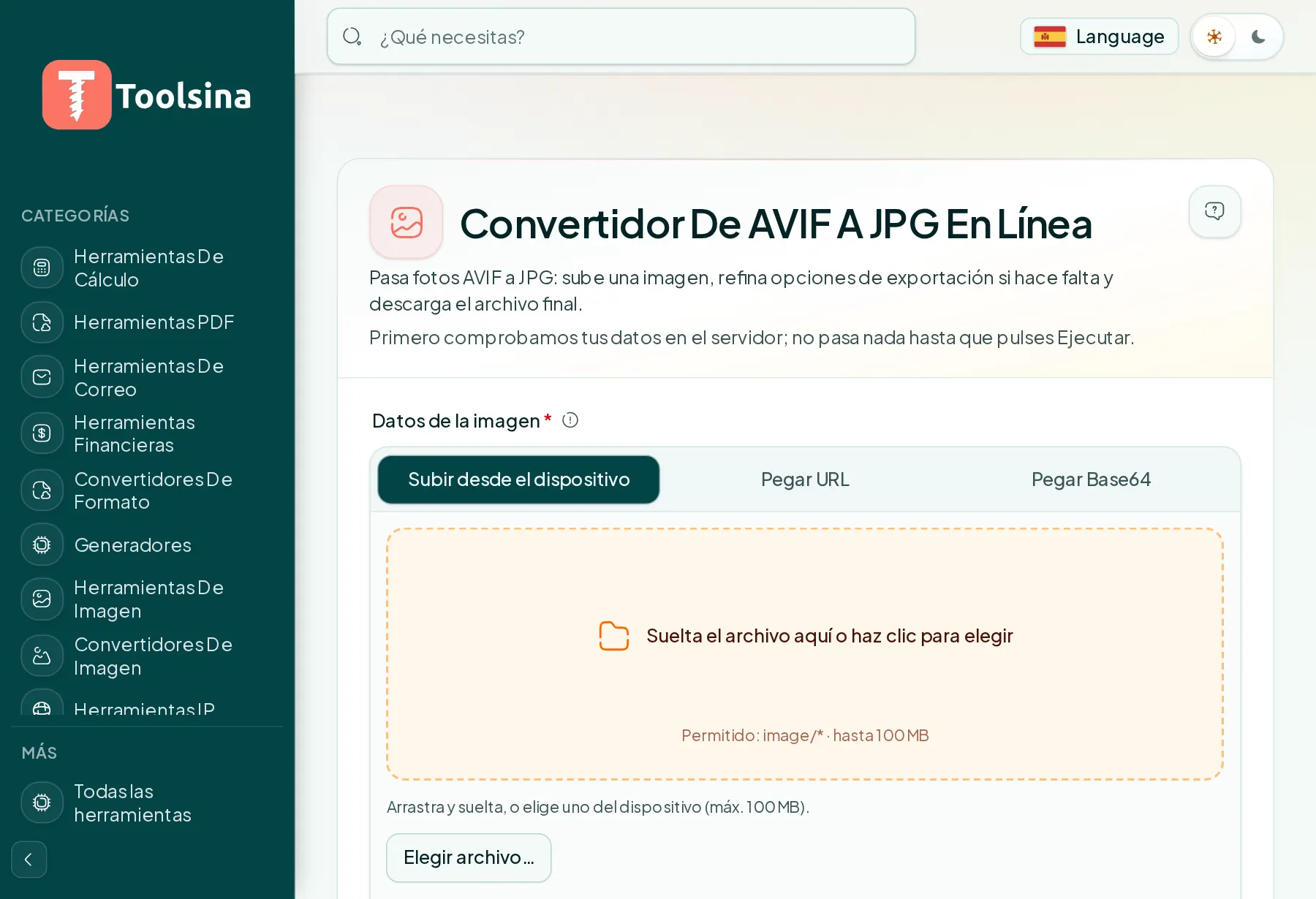 Abre la herramienta y sube tu archivo — Cómo convertir AVIF a JPG (gratis, en línea)