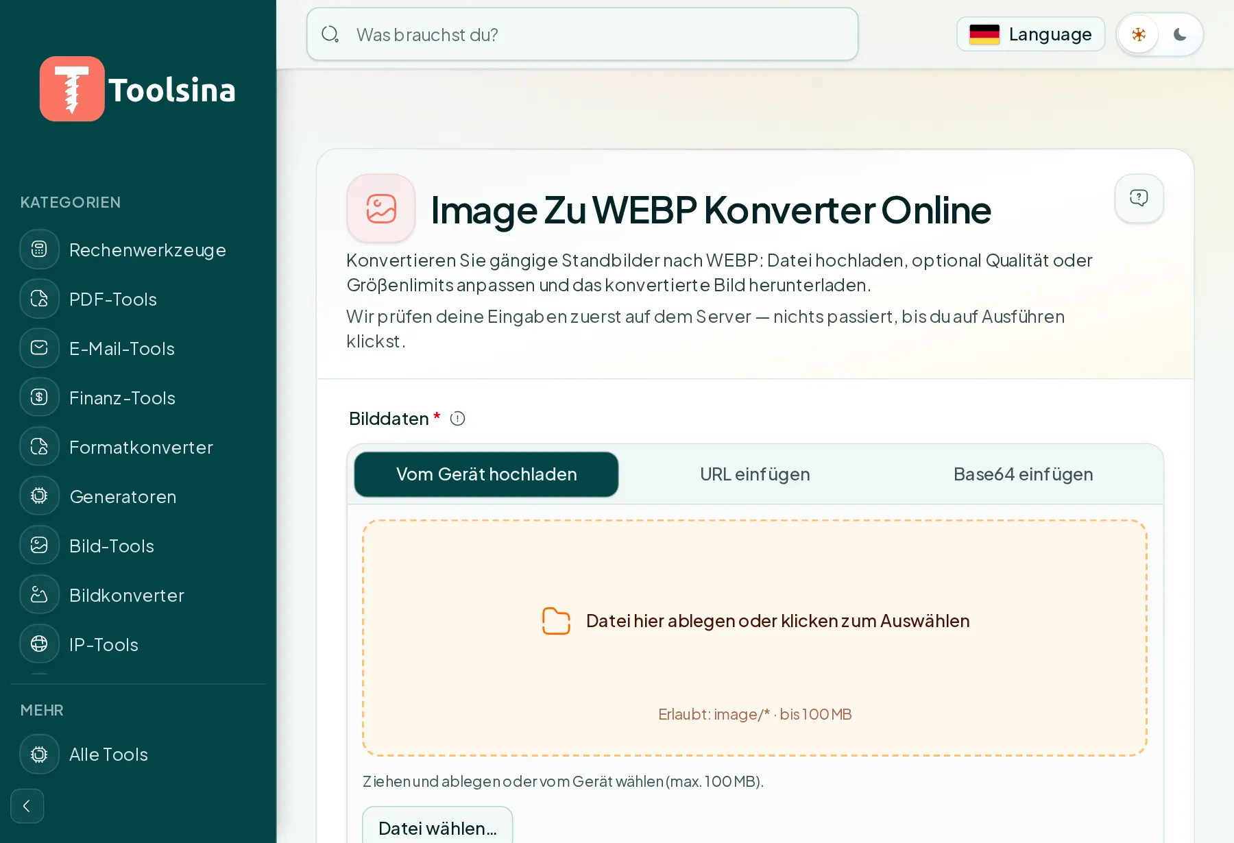 Öffnen Sie das Tool und laden Sie Ihre Datei hoch — Wie man ein Bild in WebP umwandelt (kostenlos, online)