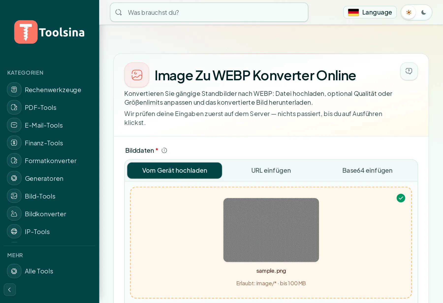 Datei prüfen und die Optionen anpassen — Wie man ein Bild in WebP umwandelt (kostenlos, online)