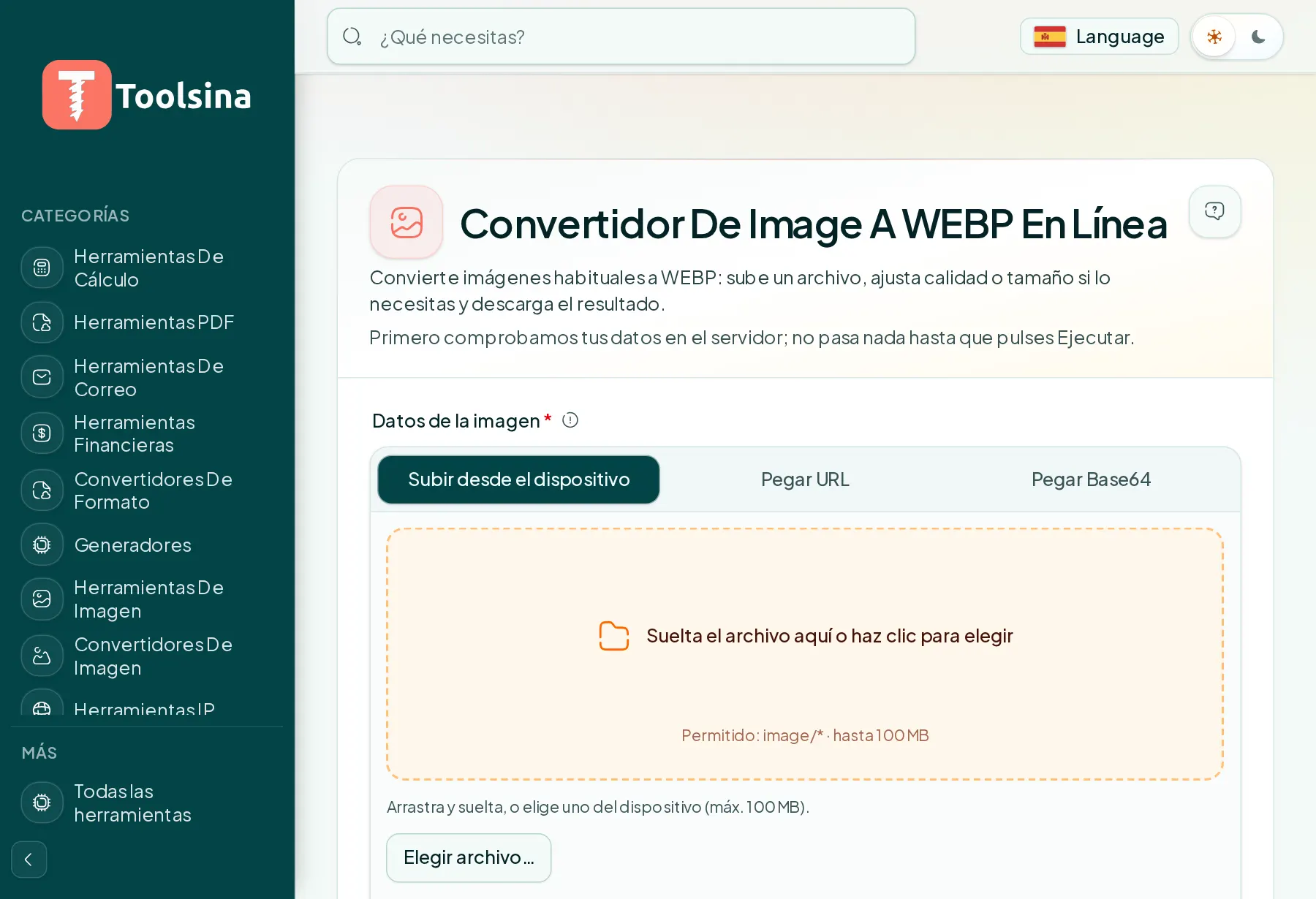 Abre la herramienta y sube tu archivo — Cómo convertir una imagen a WebP (gratis, en línea)