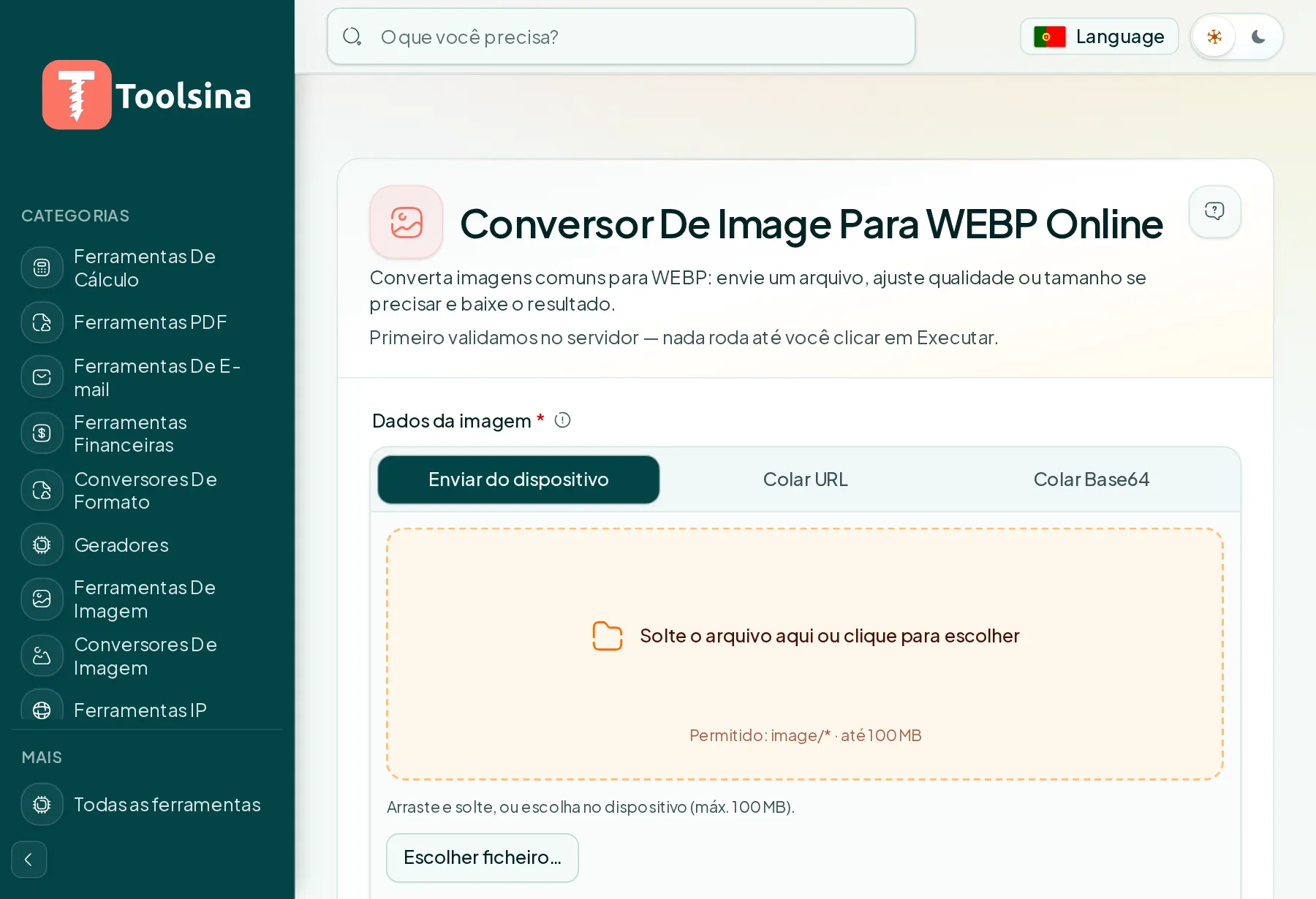 Abra a ferramenta e envie seu arquivo — Como converter uma imagem para WebP (grátis, online)