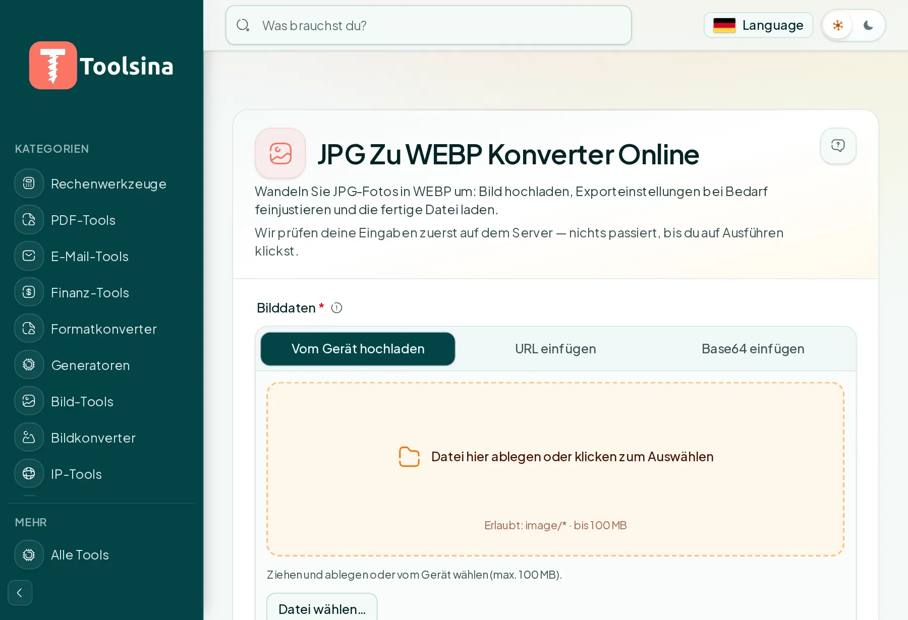 Öffnen Sie das Tool und laden Sie Ihre Datei hoch — JPG in WebP umwandeln (kostenlos, online)