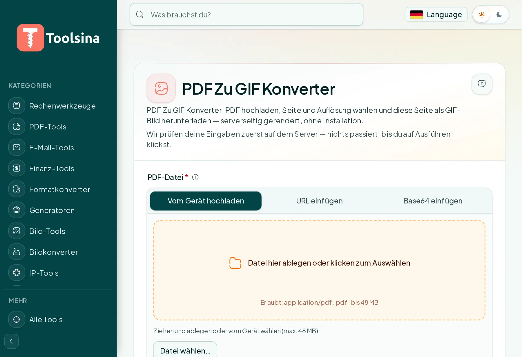 Öffnen Sie das Tool und laden Sie Ihre Datei hoch — PDF in GIF umwandeln (kostenlos, online)