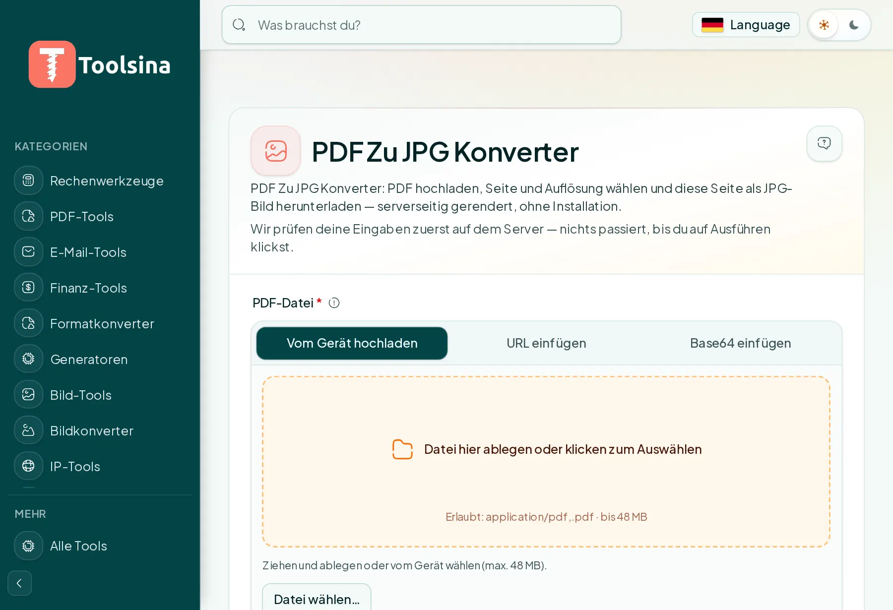 Öffnen Sie das Tool und laden Sie Ihre Datei hoch — Wie man eine PDF in JPG umwandelt (kostenlos, online)