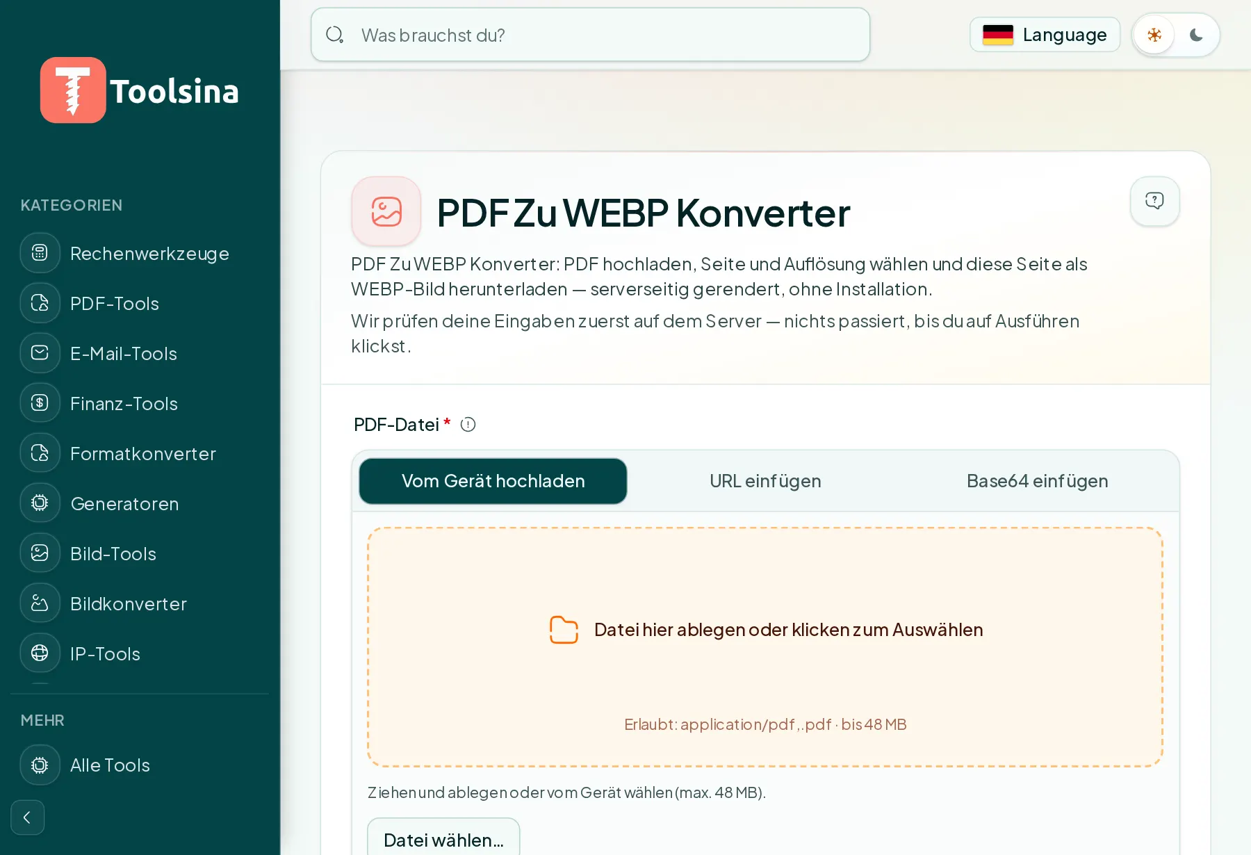 Öffnen Sie das Tool und laden Sie Ihre Datei hoch — PDF in WebP umwandeln (kostenlos, online)