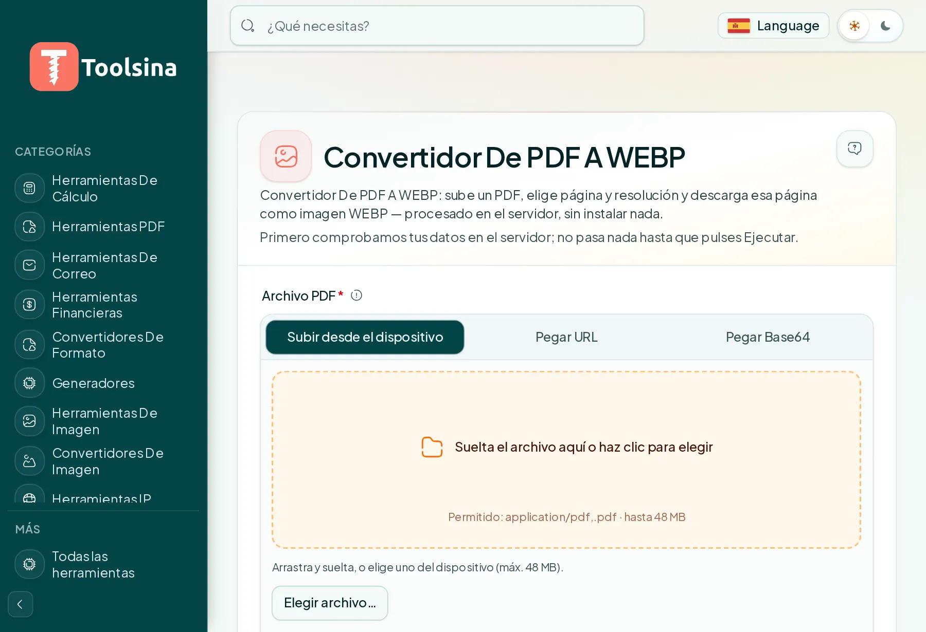 Abre la herramienta y sube tu archivo — Cómo convertir un PDF a WebP (gratis, en línea)