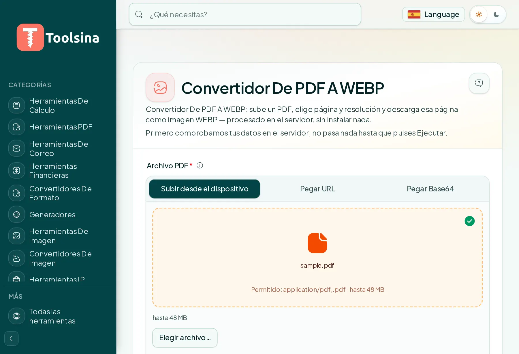 Revisa tu archivo y ajusta las opciones — Cómo convertir un PDF a WebP (gratis, en línea)