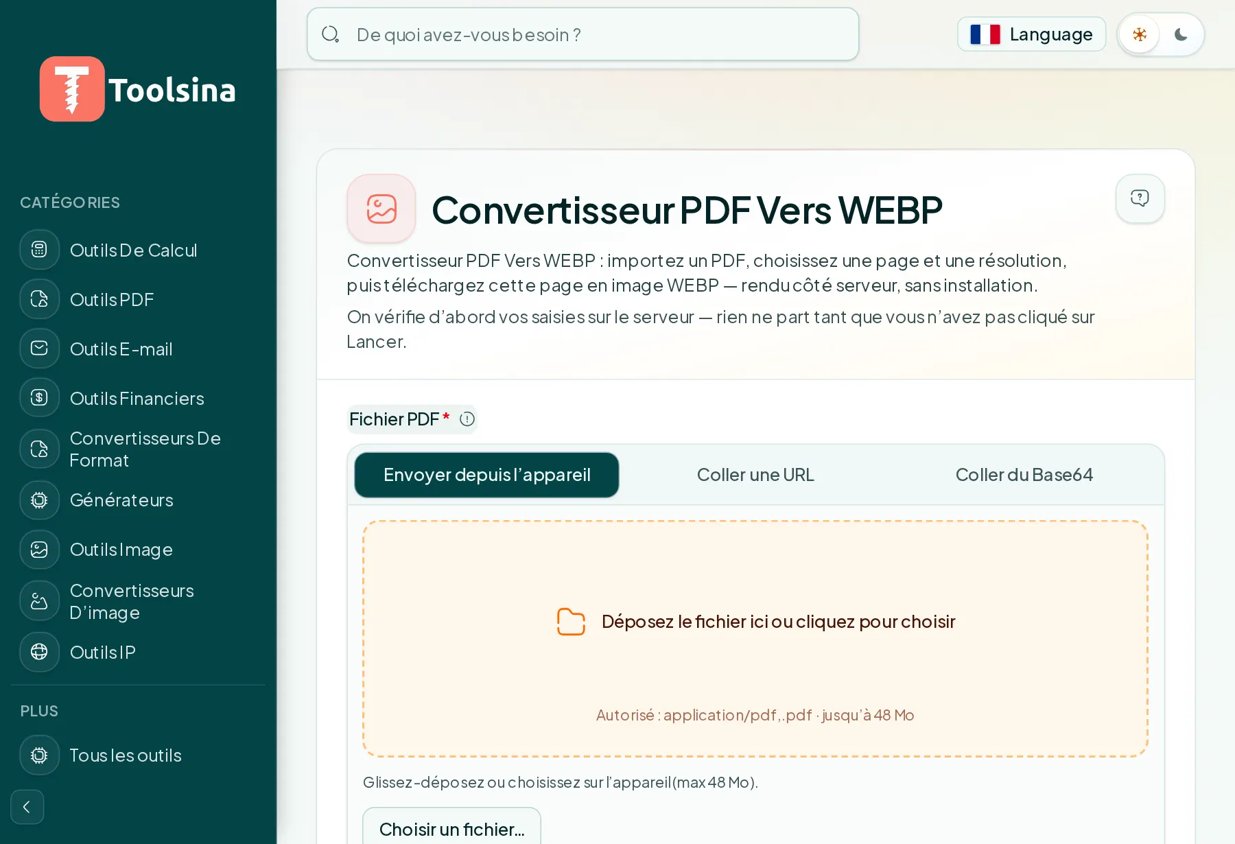 Ouvrez l’outil et importez votre fichier — Comment convertir un PDF en WebP (gratuit, en ligne)