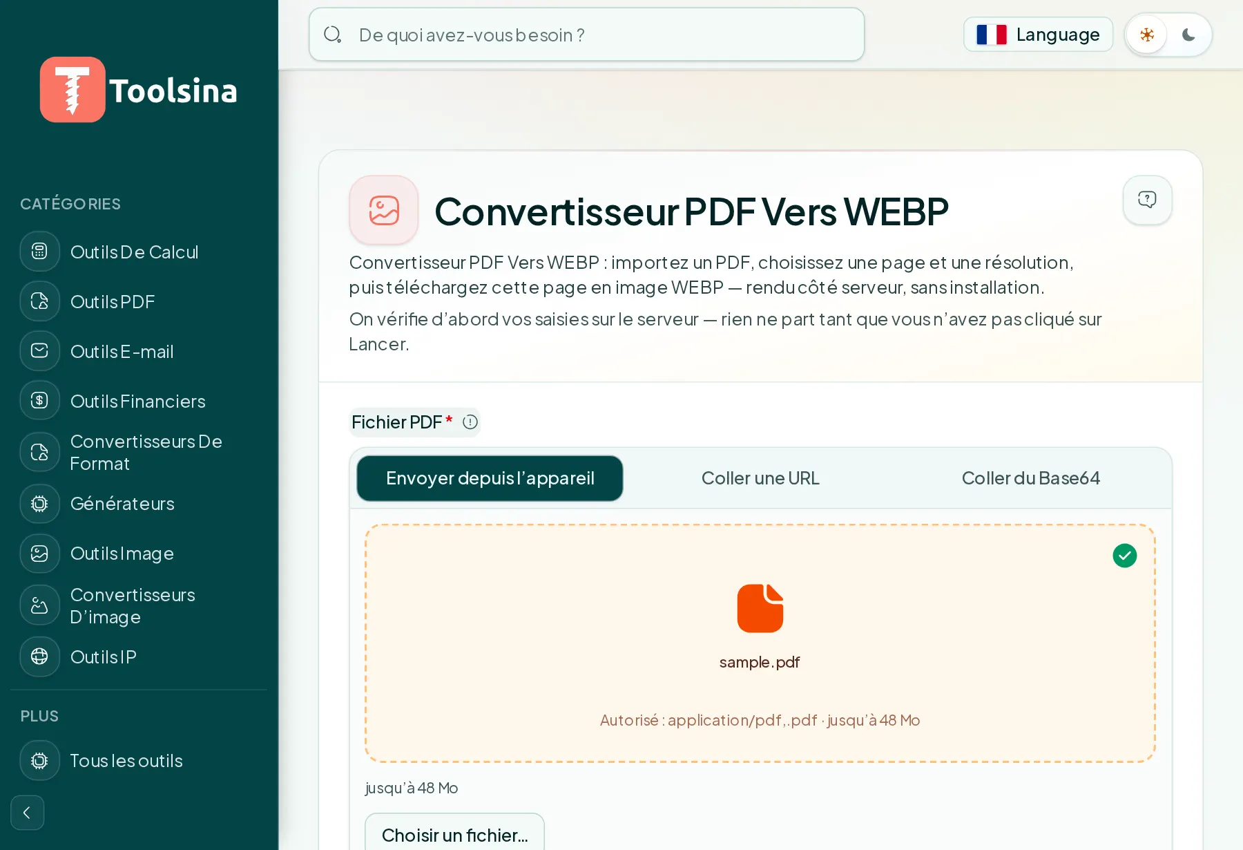Vérifiez votre fichier et réglez les options — Comment convertir un PDF en WebP (gratuit, en ligne)