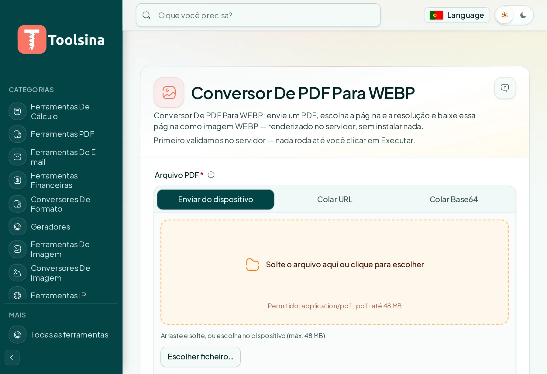 Abra a ferramenta e envie seu arquivo — Como converter um PDF em WebP (grátis, online)