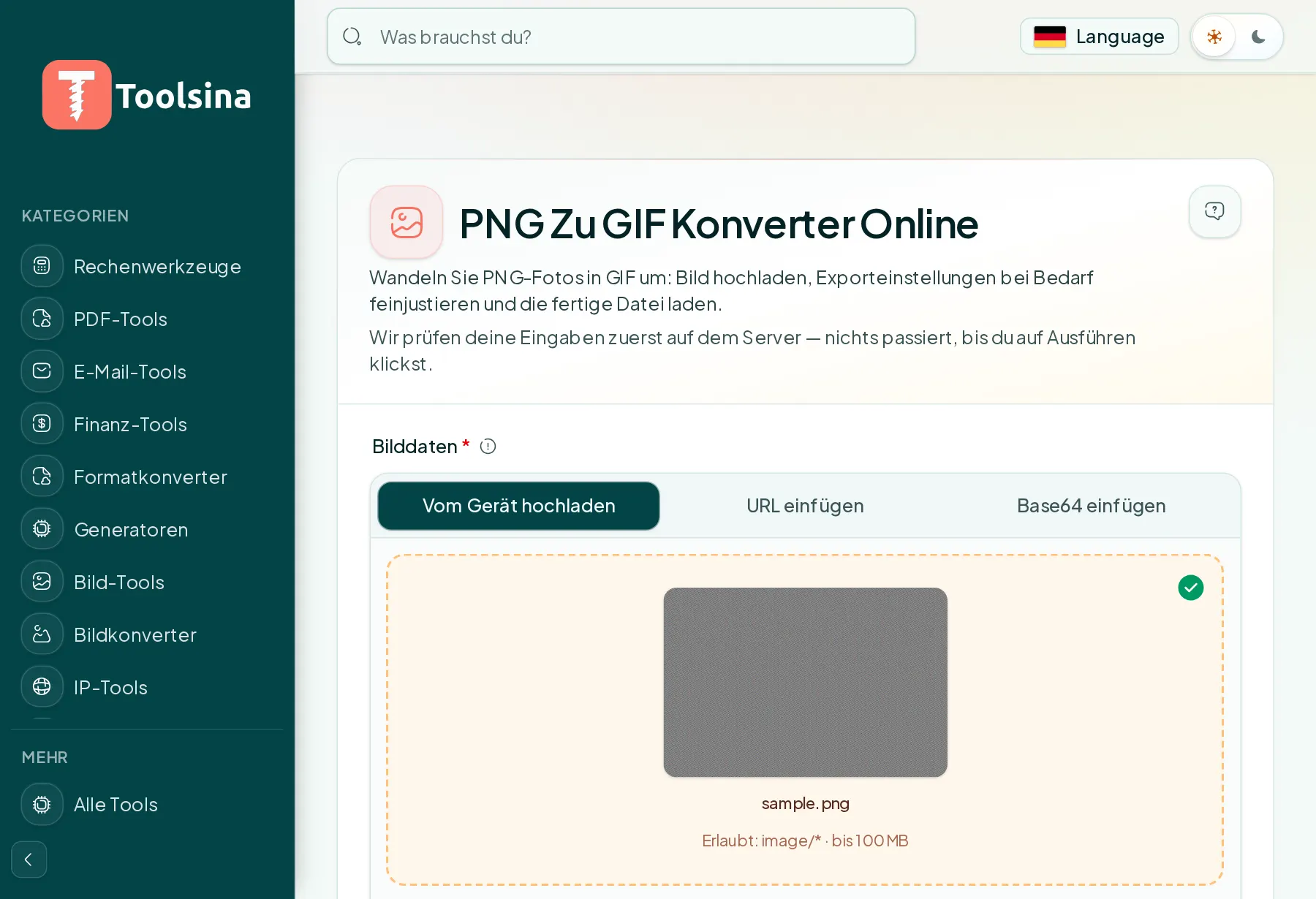 Datei prüfen und die Optionen anpassen — PNG in GIF umwandeln (kostenlos, online)