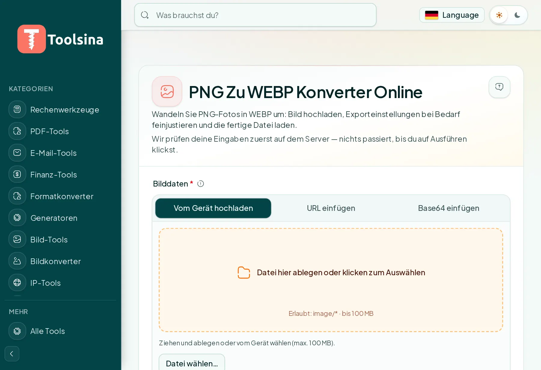 Öffnen Sie das Tool und laden Sie Ihre Datei hoch — PNG in WebP umwandeln (kostenlos, online)