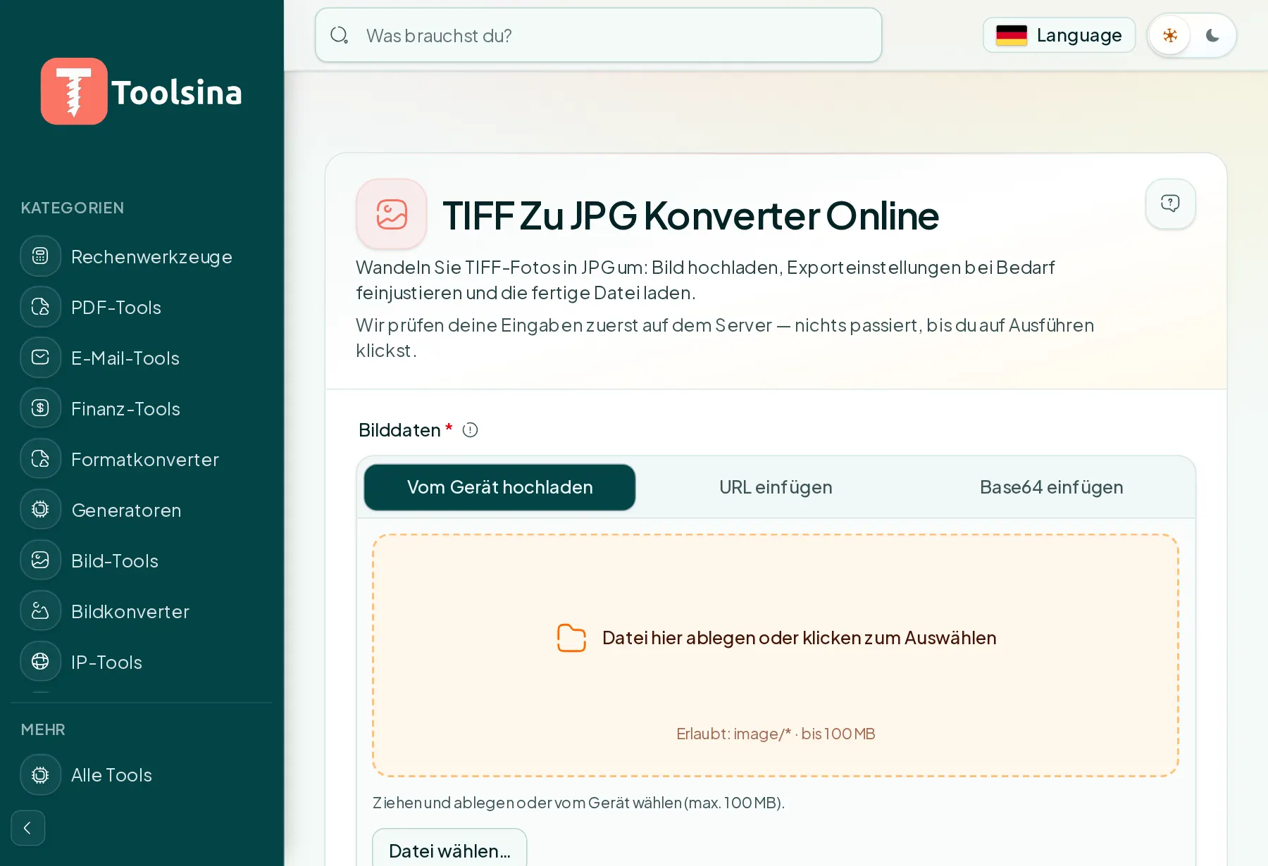 Öffnen Sie das Tool und laden Sie Ihre Datei hoch — TIFF in JPG umwandeln (kostenlos, online)