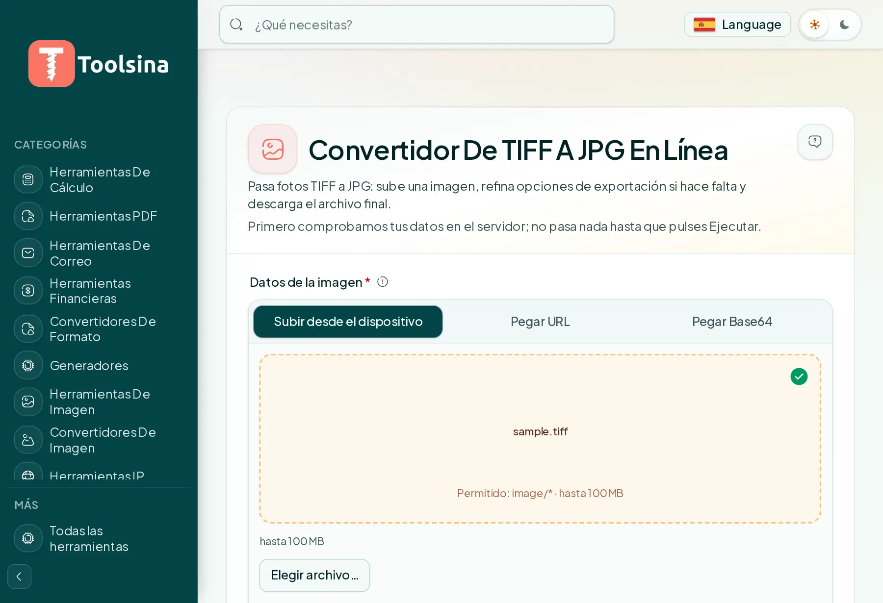 Revisa tu archivo y ajusta las opciones — Cómo convertir TIFF a JPG (gratis, en línea)