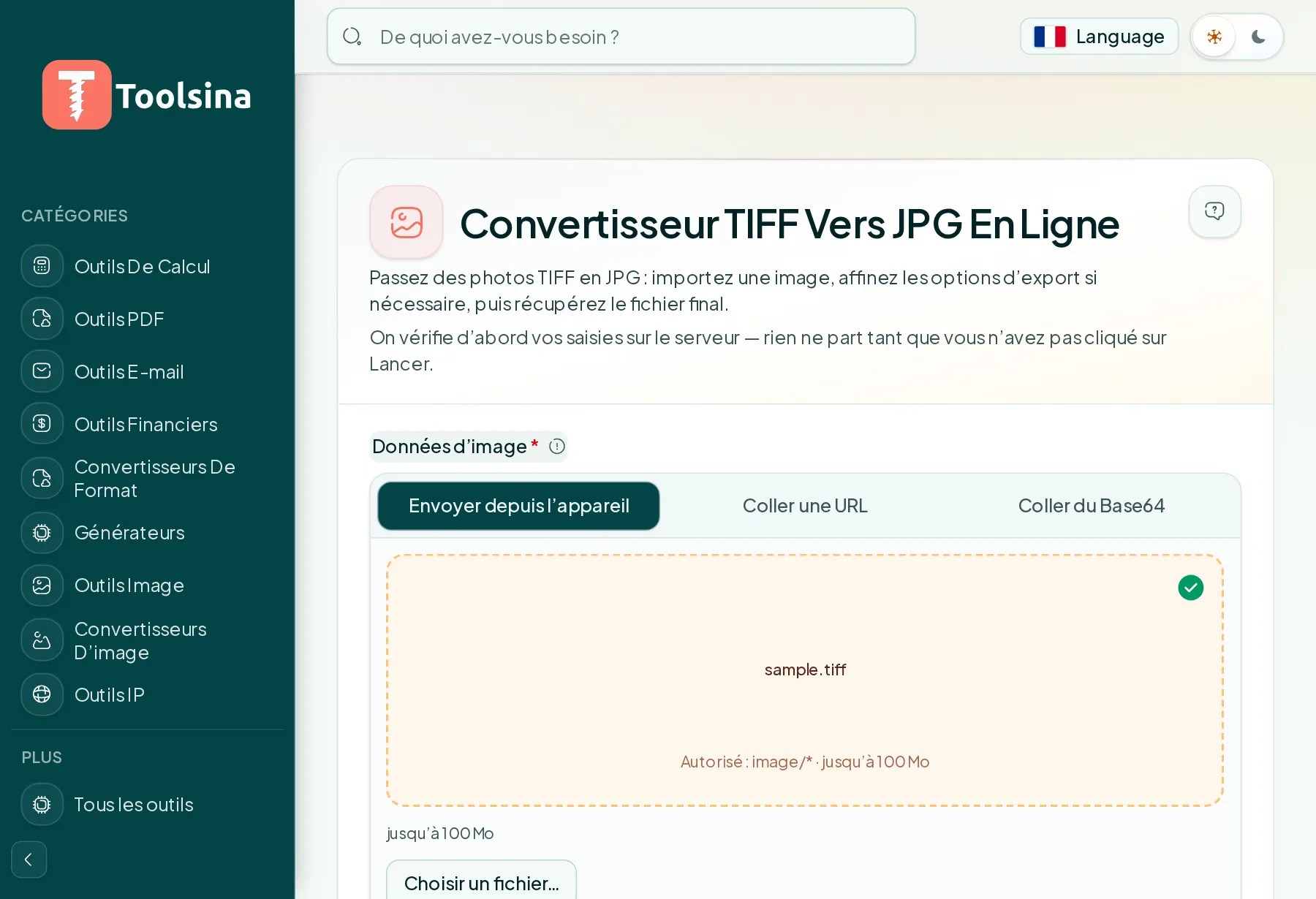 Vérifiez votre fichier et réglez les options — Comment convertir un TIFF en JPG (gratuit, en ligne)