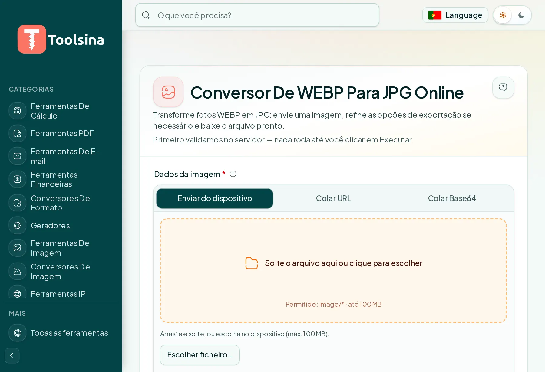 Abra a ferramenta e envie seu arquivo — Como converter WebP em JPG (grátis, online)