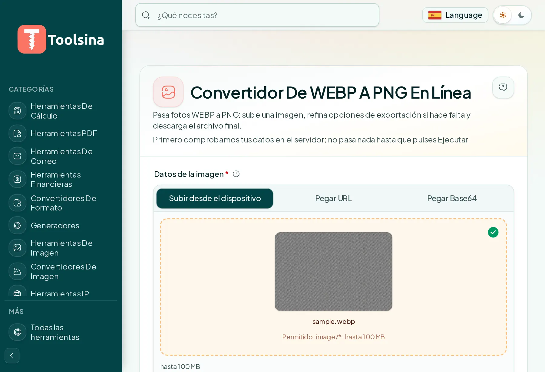Revisa tu archivo y ajusta las opciones — Cómo convertir WebP a PNG (gratis, en línea)