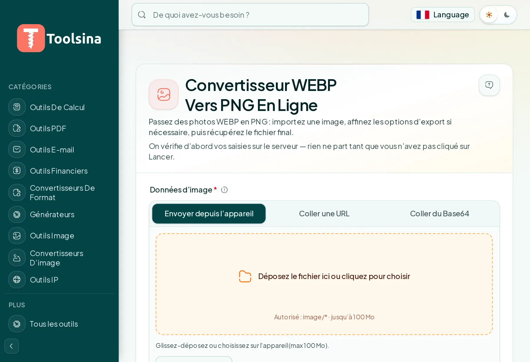 Ouvrez l’outil et importez votre fichier — Comment convertir WebP en PNG (gratuit, en ligne)