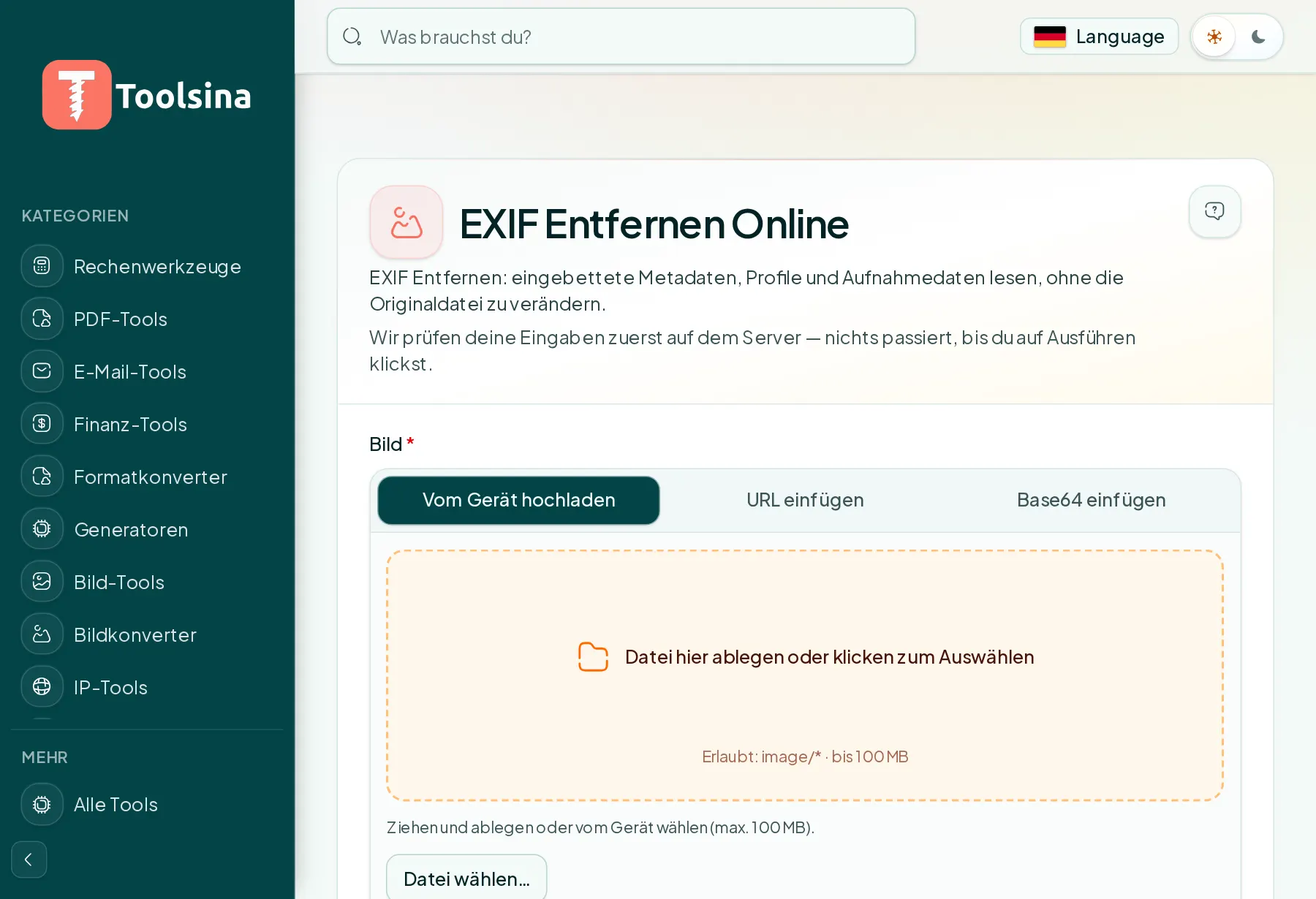 Öffnen Sie das Tool und laden Sie Ihre Datei hoch — So entfernen Sie EXIF-Daten (Metadaten) aus einem Foto