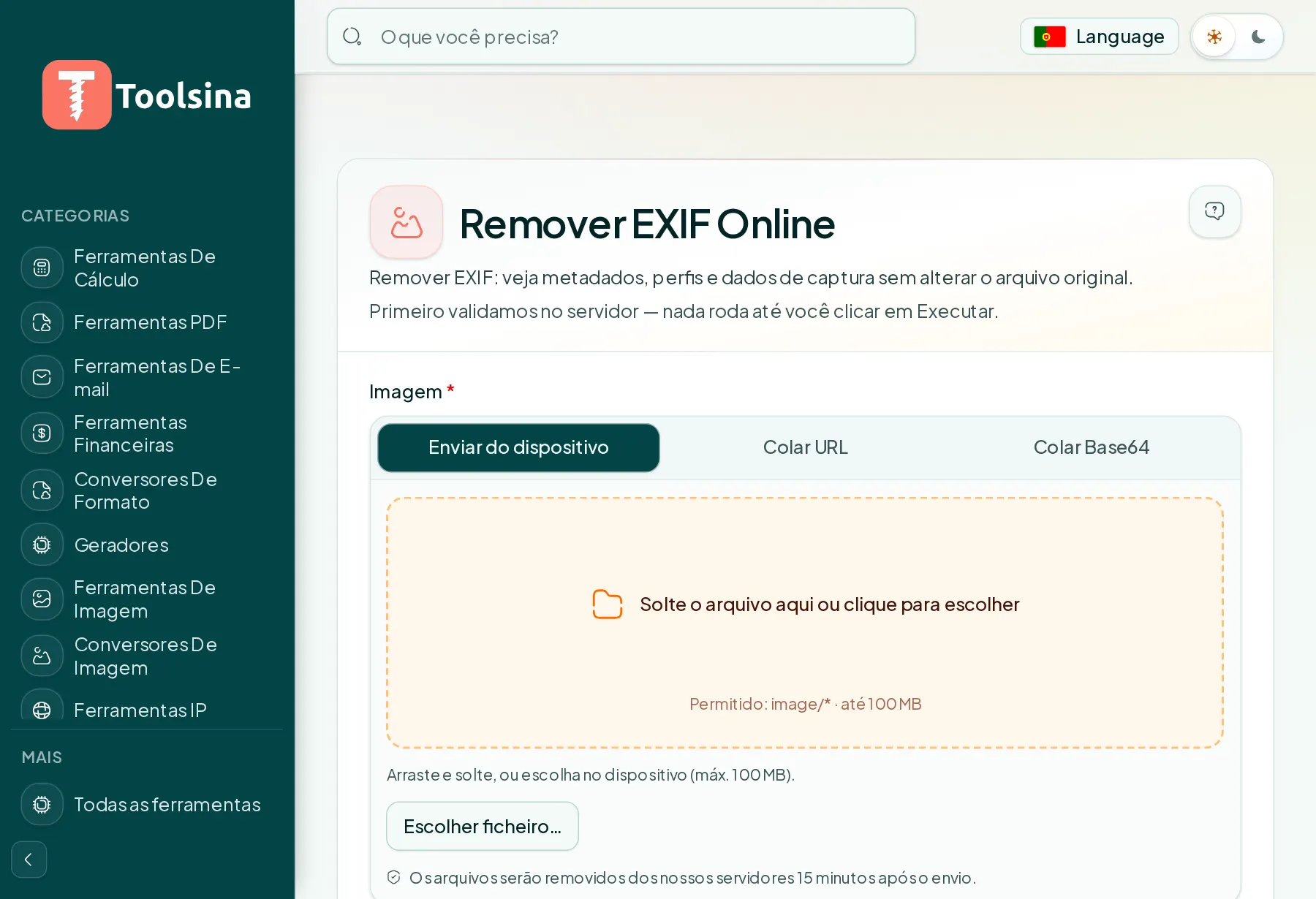 Abra a ferramenta e envie seu arquivo — Como remover dados EXIF (metadados) de uma foto