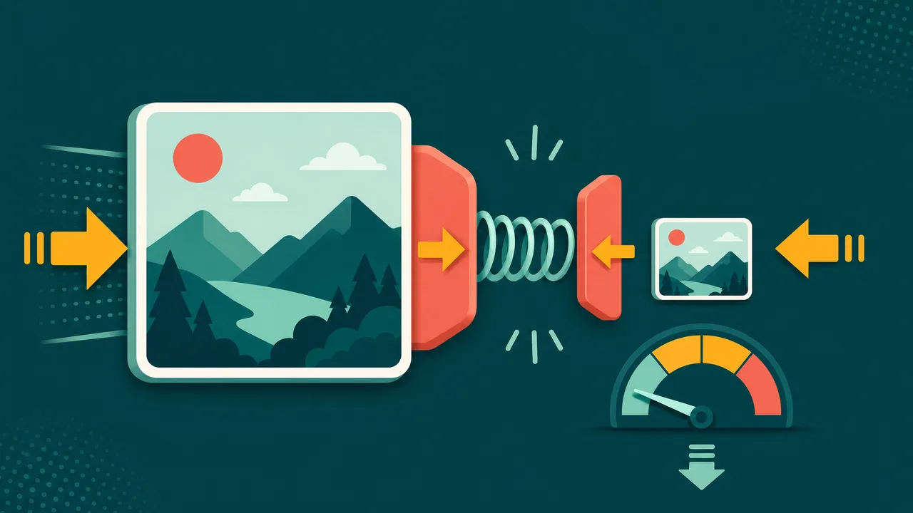 Illustration of a large photo being compressed to a small file size