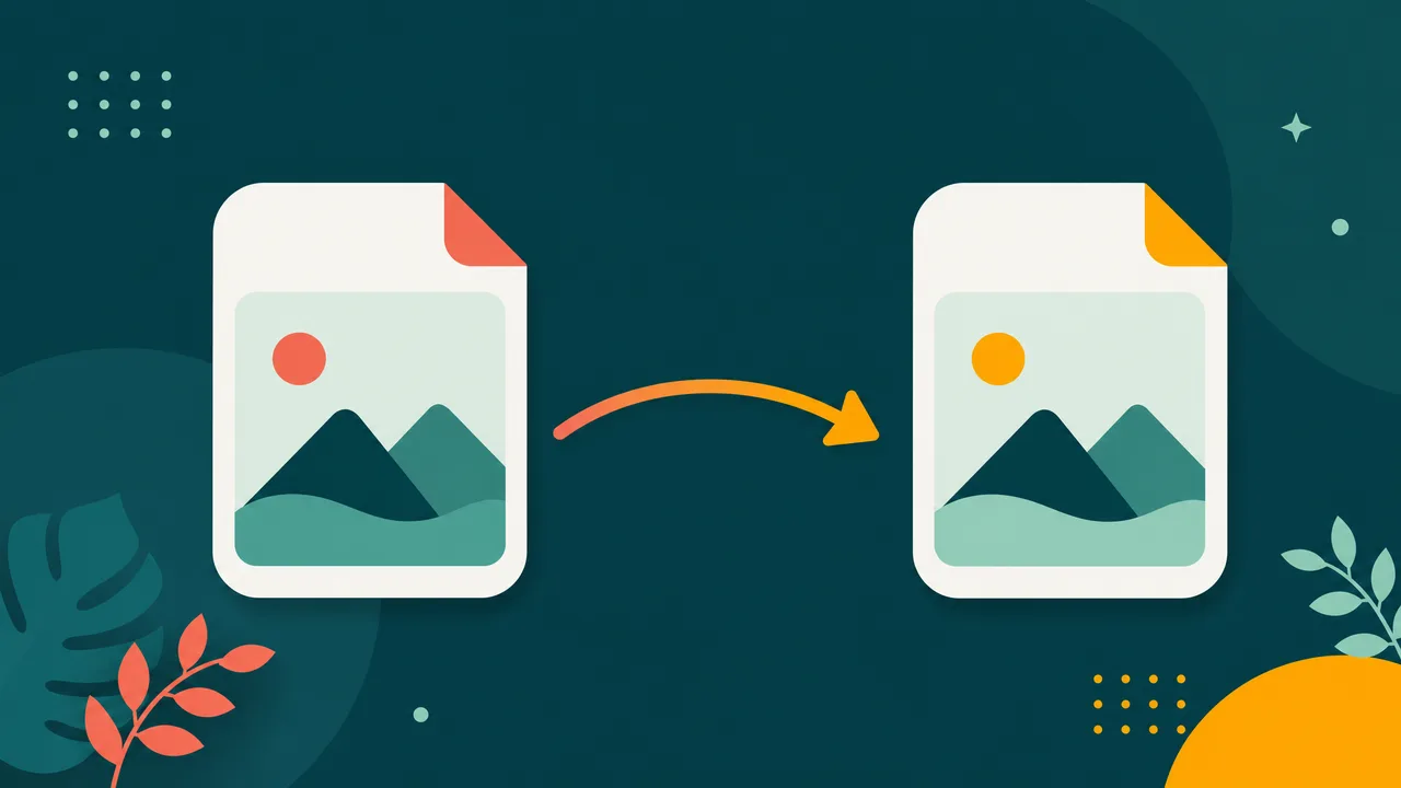 Illustration einer PNG-Bilddatei, die in eine WebP-Datei umgewandelt wird